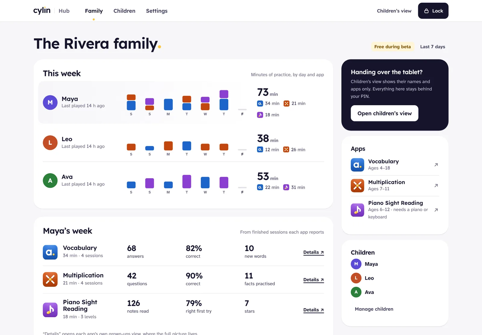 Cylin Hub: each child’s minutes this week by day and app, and one child’s week in each app (sample family)
