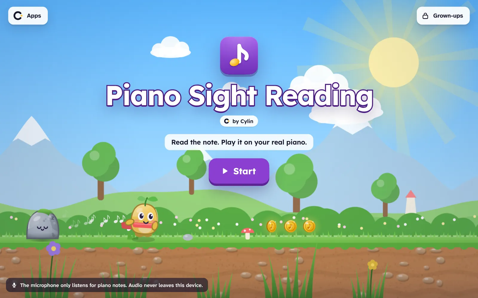 Piano Sight Reading title screen in the meadow world